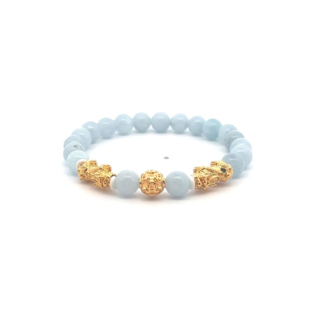 18K Gold Pixiu Piyao Coin Ball Bracelet Gemstone Aquamarine 6mm March Birthstone